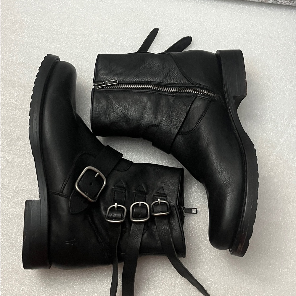 Frye Black Leather Buckle Ankle Boots - Picture 6 of 10
